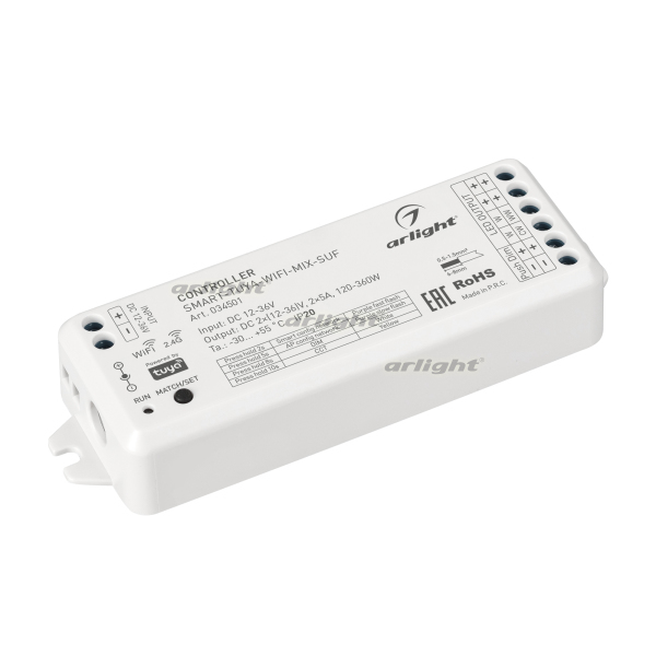 Контроллер SMART-TUYA-WIFI-MIX-SUF (12-36V, 2x5A, 2.4G) (Arlight, IP20 Пластик, 5 лет) 034501