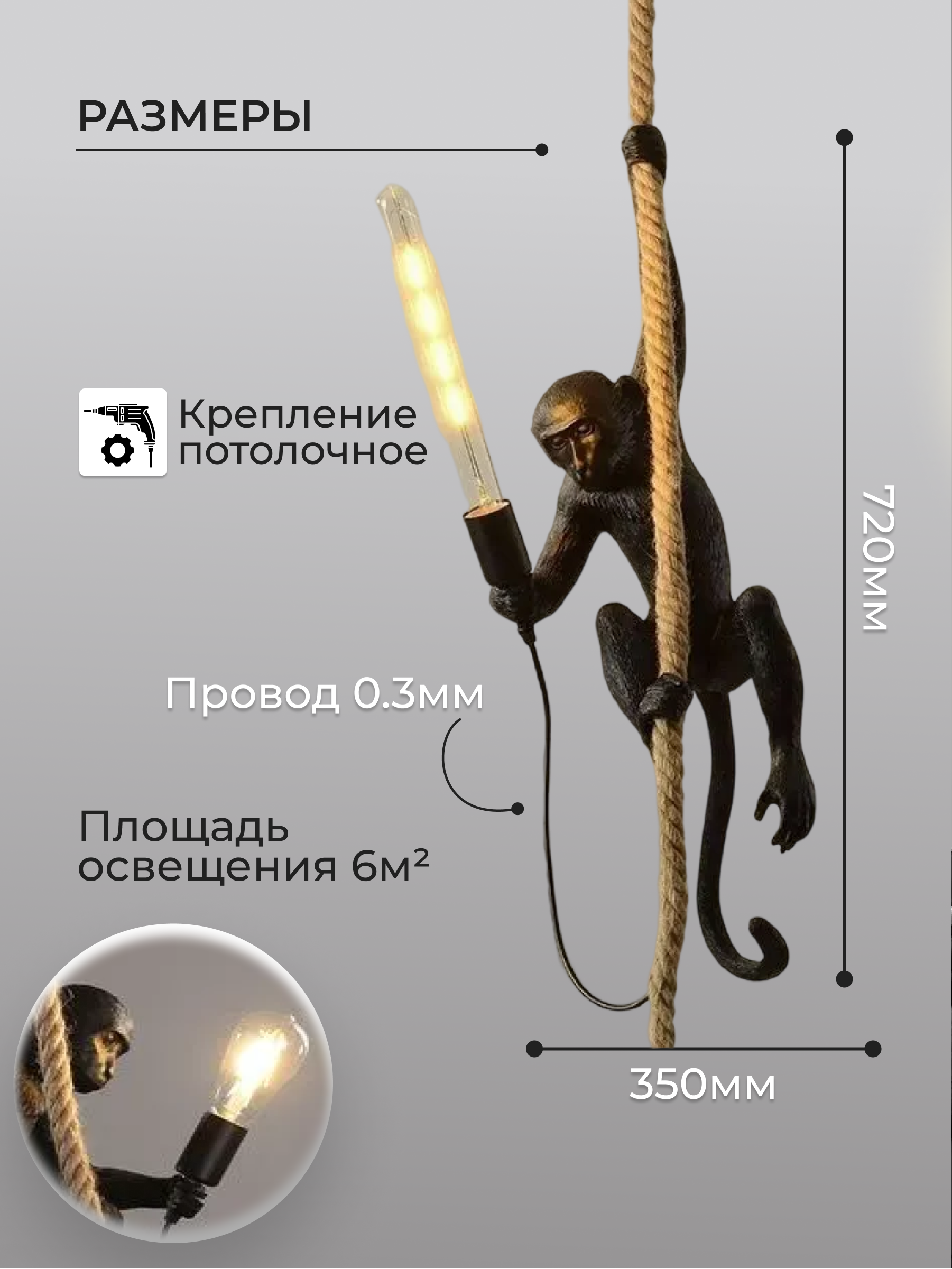 Светильник потолочный обезьяна на канате Е27 люстра на потолок в ресторан и  бар черная Lucterra LA133-2 купить за 5 768.54 руб в Санкт-Петербурге