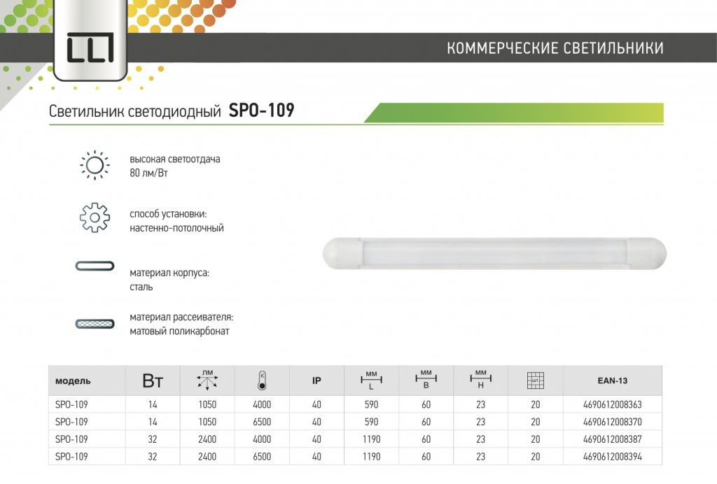 Описание для светильников фирмы LLT серии SPO-109